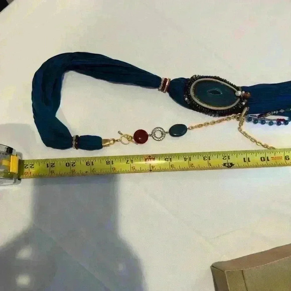 Vintage Stunning Handmade Agate Blue Polish Stone Scarf Necklace - Picture 11 of 13